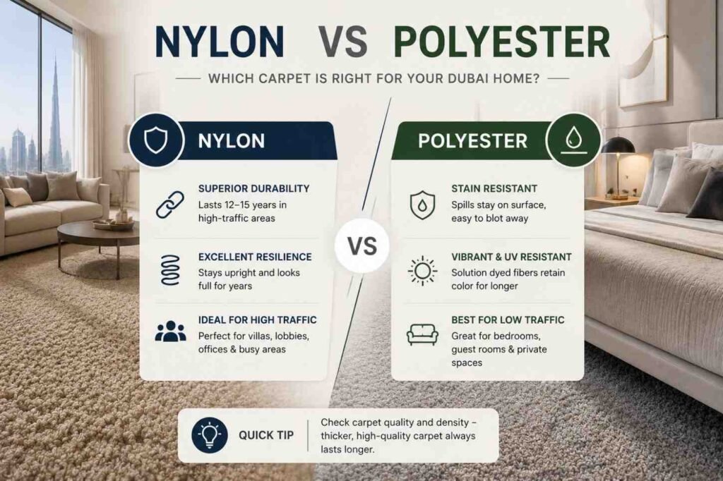 Durability difference between nylon vs polyester carpet Dubai