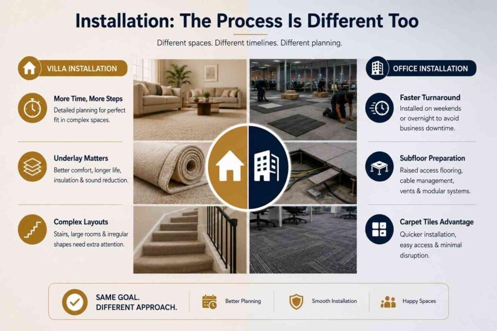 The installation process of the office carpet and villa carpet Dubai